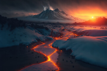 Fototapeta premium Hell landscape. Mountains and lava. Winter landscape. Fire and ice concept. Good and evil. Hot and cold.