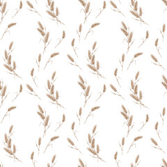 Seamless wheat spikelet pattern. Watercolor herbal background with wheat spica, oats spikelet illustration for textile, wallpapers, bakery decor. Wheat spikelets watercolor seamless pattern