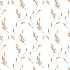 Fototapeta premium Seamless wheat spikelet pattern. Watercolor herbal background with wheat spica, oats spikelet illustration for textile, wallpapers, bakery decor. Wheat spikelets watercolor seamless pattern