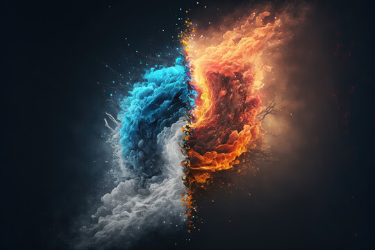 Fire and ice concept. Good and evil. Hot and cold. Exploding fire. Exploding ice. Yin Yang concept. Warm and cold.