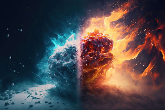 Fire and ice concept. Good and evil. Hot and cold. Exploding fire. Exploding ice. Fire wind. Snow wind. 
