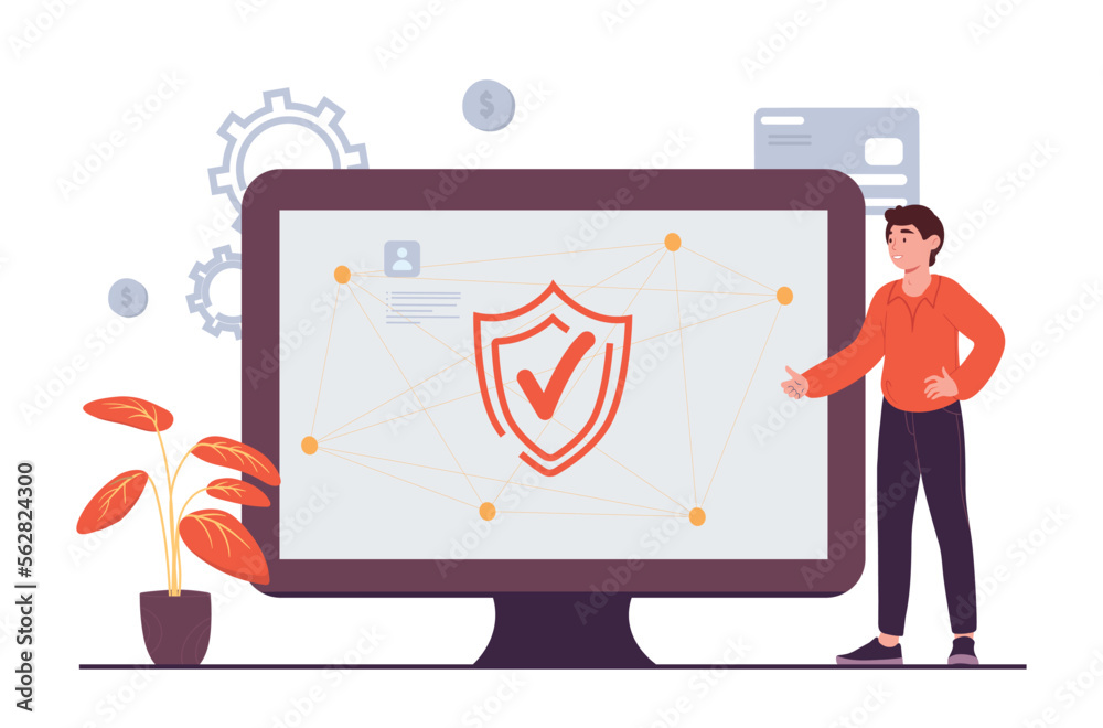 Poster security on pc. it specialist and programmer stands near computer monitor with shield and checkmark.
