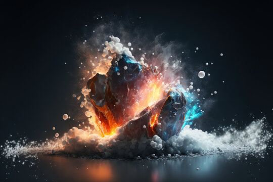 Fire and ice concept. Good and evil. Hot and cold. Exploding fire. Exploding ice. Debris flying with dust and embers.