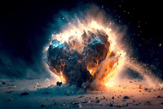 Fire and ice concept. Good and evil. Hot and cold. Exploding fire. Meteor of fire. Meteor of ice. Exploding ice. 