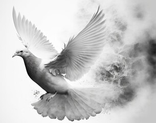 Flying white dove. Fading into black smoke. Fantasy white wings. Angel wings.