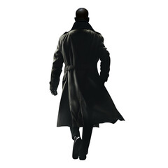Handsome black African American man walking away. Trench coat and jeans. Running away. Isolated transparent background. Noir detective.