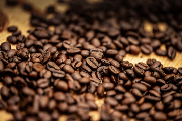 Roasted Coffee Beans on Burlap Sack Background