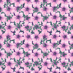 Hand drawn watercolor seamless floral pattern. Watercolor. Pink flowers. Green leaves. Floral background. Spring. Home textiles. Texture. Abstraction. Bloom. Summer.