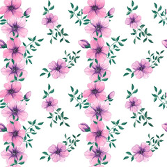 Hand drawn watercolor seamless floral pattern. Watercolor. Pink flowers. Green leaves. Floral background. Spring. Home textiles. Texture. Abstraction. Bloom. Summer.