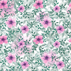 Fototapeta premium Hand drawn watercolor seamless floral pattern. Watercolor. Pink flowers. Green leaves. Floral background. Spring. Home textiles. Texture. Abstraction. Bloom. Summer.