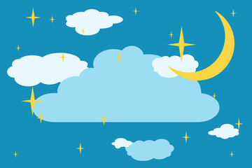 Crescent moon, stars, and clouds on the midnight sky background. Night sky scenery background. Paper art style. Vector Illustration. . Vector illustration