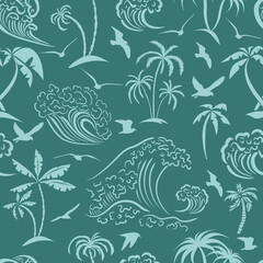 Seamless pattern palm trees and sea. Vector illustration