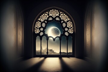 Moon light shine through the window into islamic mosque interior Generative AI
