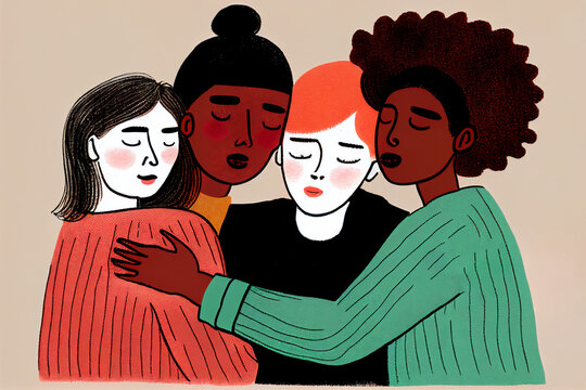 Cartoon of a group of young diverse multiracial male and female adult people hugging each other showing inclusion, togetherness, friendship and support , Generative AI stock illustration image