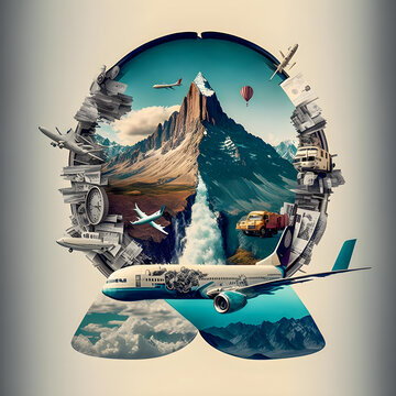 Travel around the earth, Collage Art, vintage illustartion Generative AI	