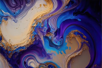 Luxurious fluid art in gold, blue and purple paint. Divorces and waves, mixing colors. Abstract liquid fluid art background.