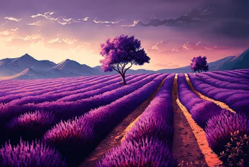 Fotobehang Violet Lavender field in South of France - Digital Painting - Generative AI