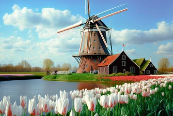 Fotobehang Windmill and tulips in Netherlands - Digital Painting - Generative AI © Florian