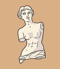 Venus de Milo ancient statue. Outline drawing of classic European women bust placed at Louvre Museum. Ancient Greek female beauty standard. Vector illustration isolated on background.  © Borisovna.art