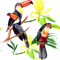 
Watercolor toucans and magnolia flowers in a seamless pattern. Can be used as fabric, wallpaper, wrap.