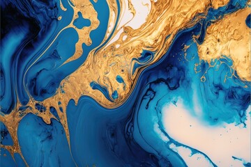 Luxurious fluid art in gold and blue paint. Divorces and waves, mixing colors. Abstract liquid fluid art background.