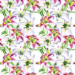 Watercolor lilies in a seamless pattern. Can be used as fabric, wallpaper, wrap.