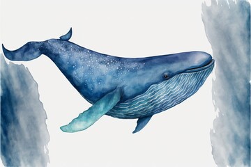 Watercolor blue whale illustration isolated on white background. Hand-painted Generative AI