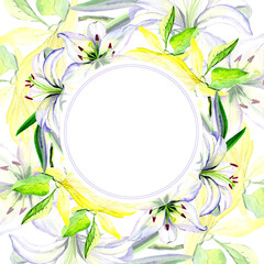 Fototapeta na wymiar Watercolor magnolia and lily flowers in a greeting frame.