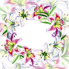 Watercolor lily flowers in a congratulatory frame.