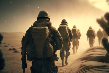 Epic shot of soldiers going into battle, rear view, cinematic, Generative AI