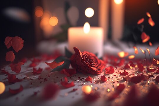 Romantic Bed With Candles And Rose Petals, Generative AI