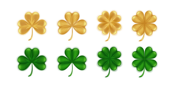Set of clover leaves on a white background. Green and gold shamrock and quatrefoil 3D symbol of St. Patrick's Day good luck. Vector illustration.