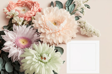 Empty white frame with beautiful flowers. Botanical art. Mockup template. Generative AI