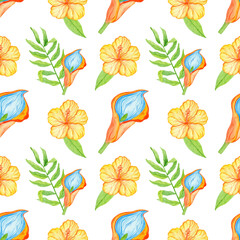 Watercolor tropical leaves and flowers seamless pattern isolated on white background. Colorful exotic floral illustration.
