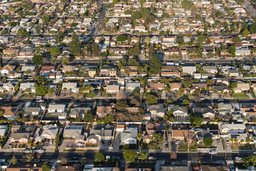 Aerial view of residential streets in the northeast San Fernando Valley area of Los Angeles...