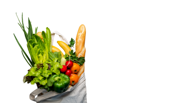 Green shopping eco bag with grocery products on isolated png background