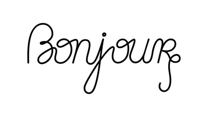 Bonjour word translated as Hello from French, handwritten inscription simple line calligraphic vector illustration, doodle phrase © Contes de fée 