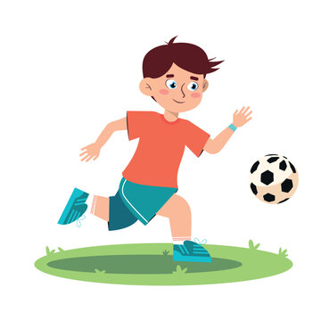 Vector illustration of a football player playing with a soccer ball on a soccer field. Cartoon scene of a soccer player playing soccer isolated on white background.