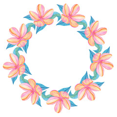 Watercolor floral wreath with tropical red flowers and leaves isolated on white background. Botanical illustration.