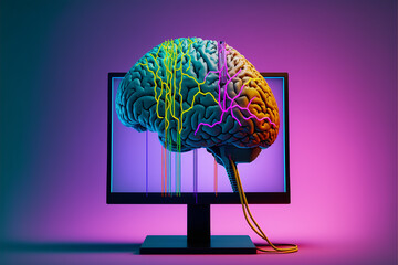 Brain on computer chip background. Ai Generative image.