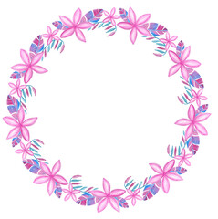 Watercolor floral wreath with tropical pink flowers and leaves isolated on white background. Botanical illustration.