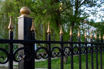 Fragment of black metal fence with decorative elements. Black fence in park