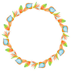 Watercolor floral wreath with tropical flowers and leaves isolated on white background. Botanical painting illustration.