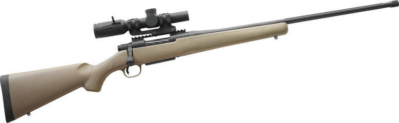Scope mounted on a brown bolt action rifle
