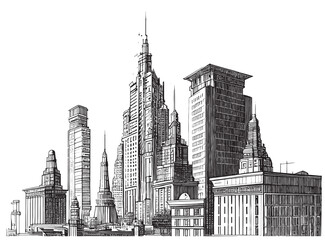 Fototapeta na wymiar Big city silhouette hand drawn engraving style sketch Vector illustration.