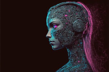 Artificial intelligence cyber girl with a digital brain is learning to process big data. AI
