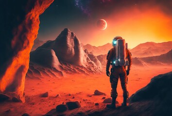 desert planet on an alien world. Lonely man, astronaut in space, AI generative