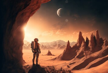 desert planet on an alien world. Lonely man, astronaut in space, AI generative