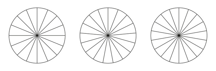 Pie chart, diagram set. Simple business chart. Sixteen, seventeen and eighteen sections or steps. Circle icons for infographic, presentation, web design, user interface.