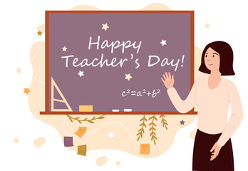 Teachers day concept. Young girl at blackboard shows equation, math lesson at school or university. International holiday, greeting postcard design metaphor. Cartoon flat vector illustration